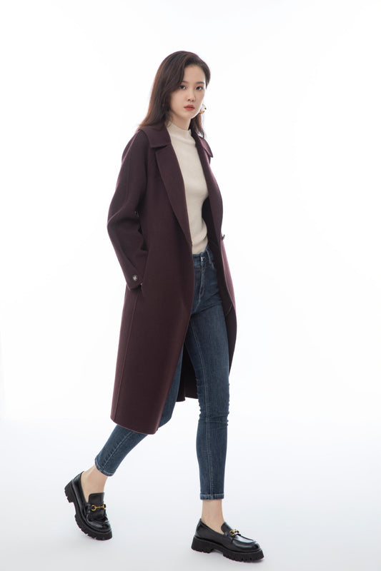 Maroon Wool Trench Coat with Waistband - SHIMENG