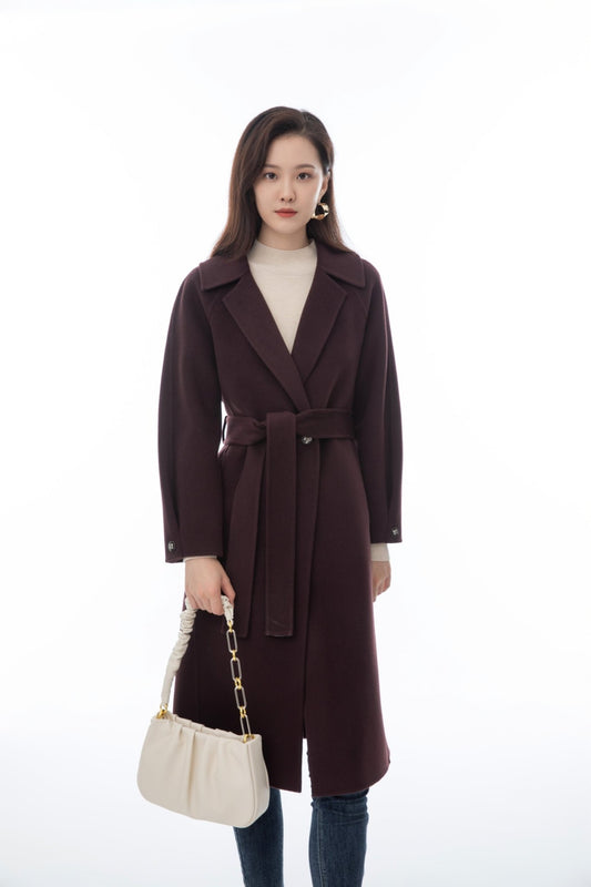 Maroon Wool Trench Coat with Waistband - SHIMENG