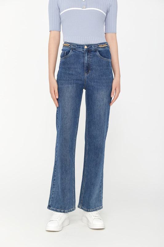 Midnight Blue Chain Bootcut Denim Jeans - SHIMENG