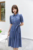 Midnight Blue Denim Dress With Band Pocket - SHIMENG