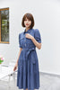 Midnight Blue Denim Dress With Band Pocket - SHIMENG