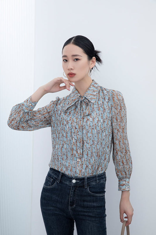 Mist Blue Bow Tie Printed Blouses - SHIMENG