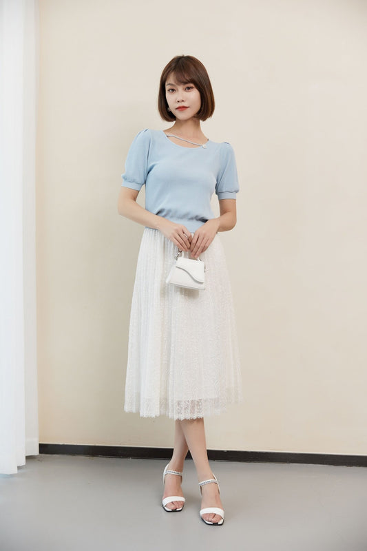 Mist Blue Crop T-shirt Pearl Button - SHIMENG