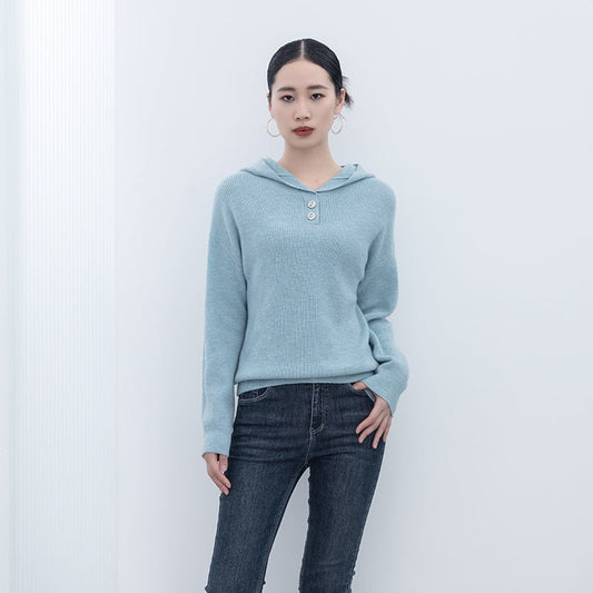 Mist Blue Long Sleeve Wool Hoodie Sweater - SHIMENG
