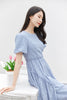 Mist Blue Puff Sleeve Rhombus Midi Dress - SHIMENG