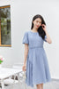 Mist Blue Puff Sleeve Rhombus Midi Dress - SHIMENG