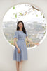 Mist Blue Puff Sleeve Rhombus Midi Dress - SHIMENG