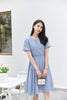 Mist Blue Puff Sleeve Rhombus Midi Dress - SHIMENG