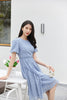 Mist Blue Puff Sleeve Rhombus Midi Dress - SHIMENG