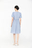 Mist Blue Puff Sleeve Rhombus Midi Dress - SHIMENG