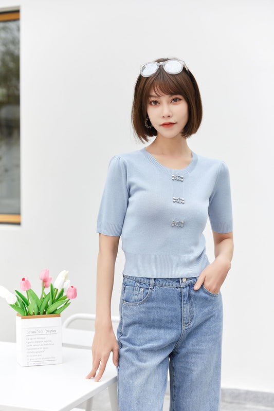 Mist Blue Short Sleeve Metal Button T-Shirt - SHIMENG