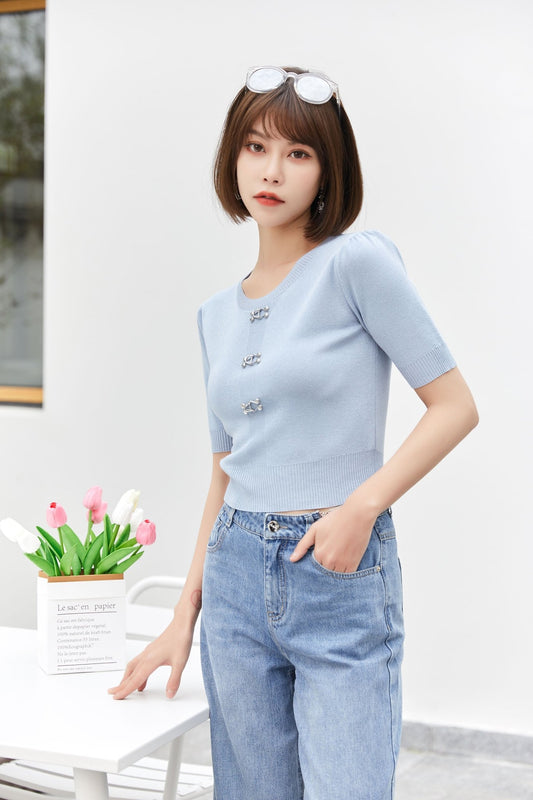 Mist Blue Short Sleeve Metal Button T-Shirt - SHIMENG