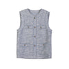 Mist Blue Tweed Vest Metal Buttons - SHIMENG