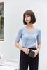 Mist Blue V-Neck Short Sleeve T-shirt - SHIMENG