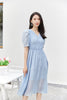 Mist Blue Wrinkle Puff Sleeve Dress - SHIMENG