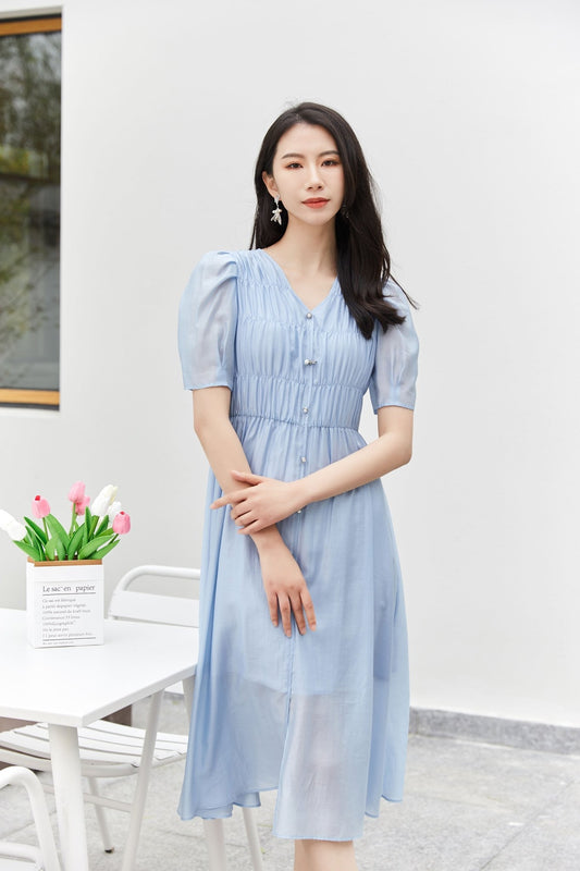 Mist Blue Wrinkle Puff Sleeve Dress - SHIMENG