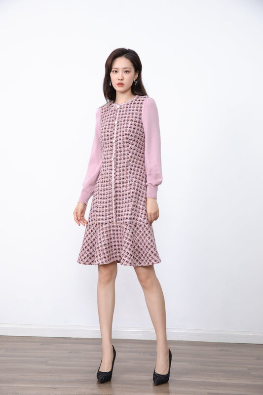 Mist Pink Tweed Dress - SHIMENG
