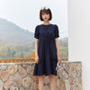 Navy Blue A Shape Puff Sleeve Midi Dress - SHIMENG