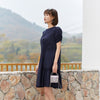 Navy Blue A Shape Puff Sleeve Midi Dress - SHIMENG