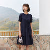 Navy Blue A Shape Puff Sleeve Midi Dress - SHIMENG