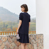 Navy Blue A Shape Puff Sleeve Midi Dress - SHIMENG