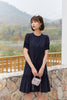 Navy Blue A Shape Puff Sleeve Midi Dress - SHIMENG