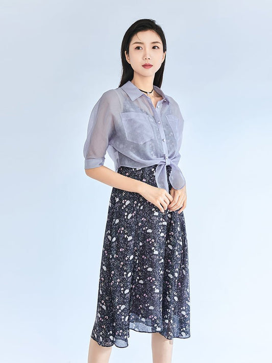 Navy Blue Ditsy Floral Cami Dress With Shirt - SHIMENG
