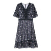 Navy Blue Ditsy Floral Waisted V Neck Dress - SHIMENG