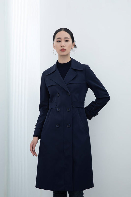 Navy Blue Double Breasted Long Trench Coats - SHIMENG