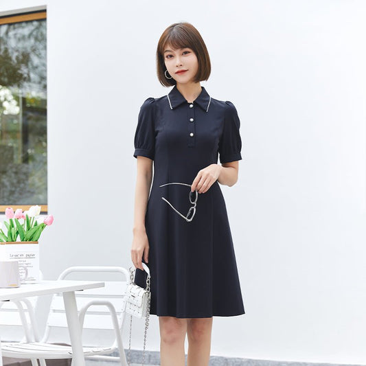 Navy Blue Knitted Slim Midi Dress - SHIMENG