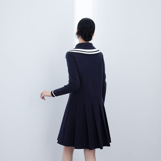 Navy Blue Large Collar Wool Midi Dress - SHIMENG