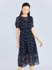 Navy Blue Little Heart Pattern Waist Midi Dress - SHIMENG