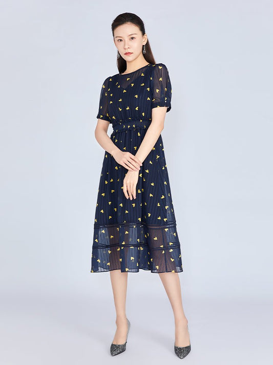 Navy Blue Little Heart Pattern Waist Midi Dress - SHIMENG