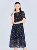 Navy Blue Little Heart Pattern Waist Midi Dress - SHIMENG