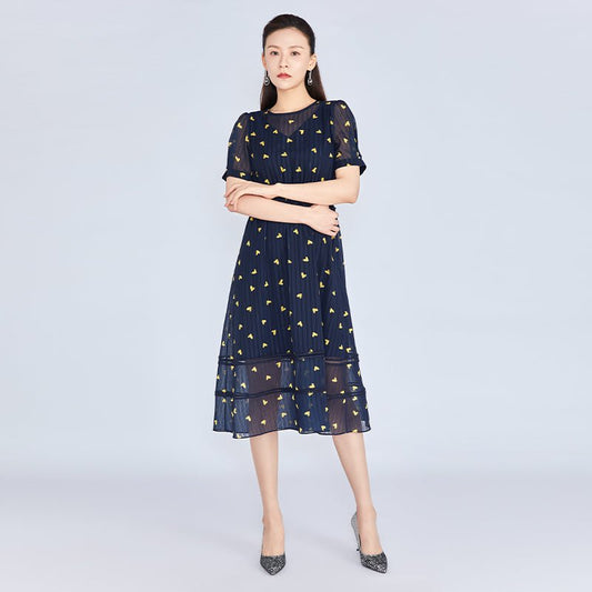 Navy Blue Little Heart Pattern Waist Midi Dress - SHIMENG