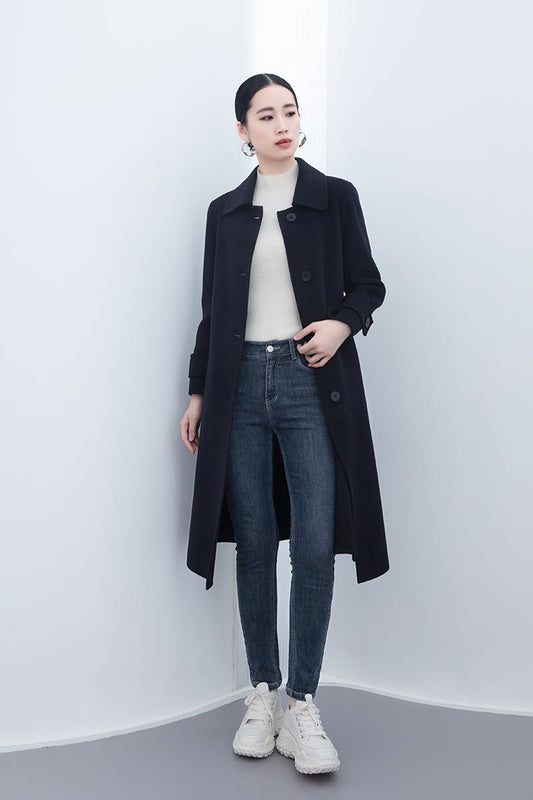 Navy Blue Long Double-breasted Wool Coats - SHIMENG