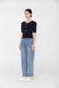 Navy Blue Puff Sleeve Knitted T-shirt - SHIMENG