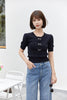 Navy Blue Puff Sleeve Knitted T-shirt - SHIMENG