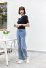 Navy Blue Puff Sleeve Knitted T-shirt - SHIMENG