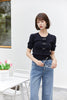 Navy Blue Puff Sleeve Knitted T-shirt - SHIMENG