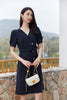 Navy Blue Puff Sleeve V Neck Dress - SHIMENG