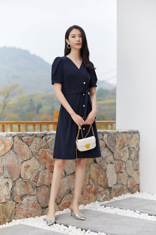 Navy Blue Puff Sleeve V Neck Dress - SHIMENG