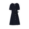 Navy Blue Puff Sleeve V Neck Dress - SHIMENG