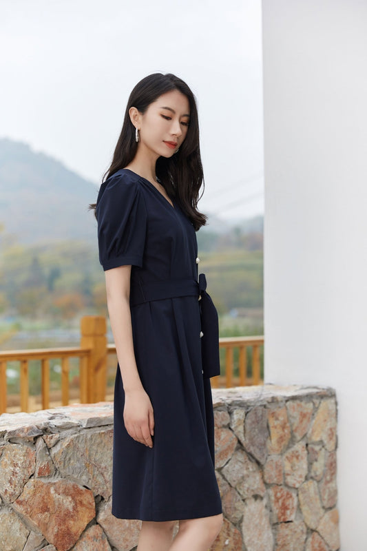 Navy Blue Puff Sleeve V Neck Dress - SHIMENG