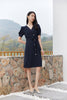 Navy Blue Puff Sleeve V Neck Dress - SHIMENG