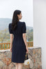 Navy Blue Puff Sleeve V Neck Dress - SHIMENG