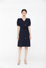 Navy Blue Puff Sleeve V Neck Dress - SHIMENG