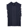 Navy Blue Ruff Stand Collar Silk T-shirt - SHIMENG