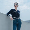 Navy Blue V Neck Metal Buttons Sweater - SHIMENG