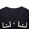 Navy Blue V Neck Metal Buttons Sweater - SHIMENG